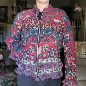 vintage tapestry blanket jacket fringe rug pattern red blue unique handman